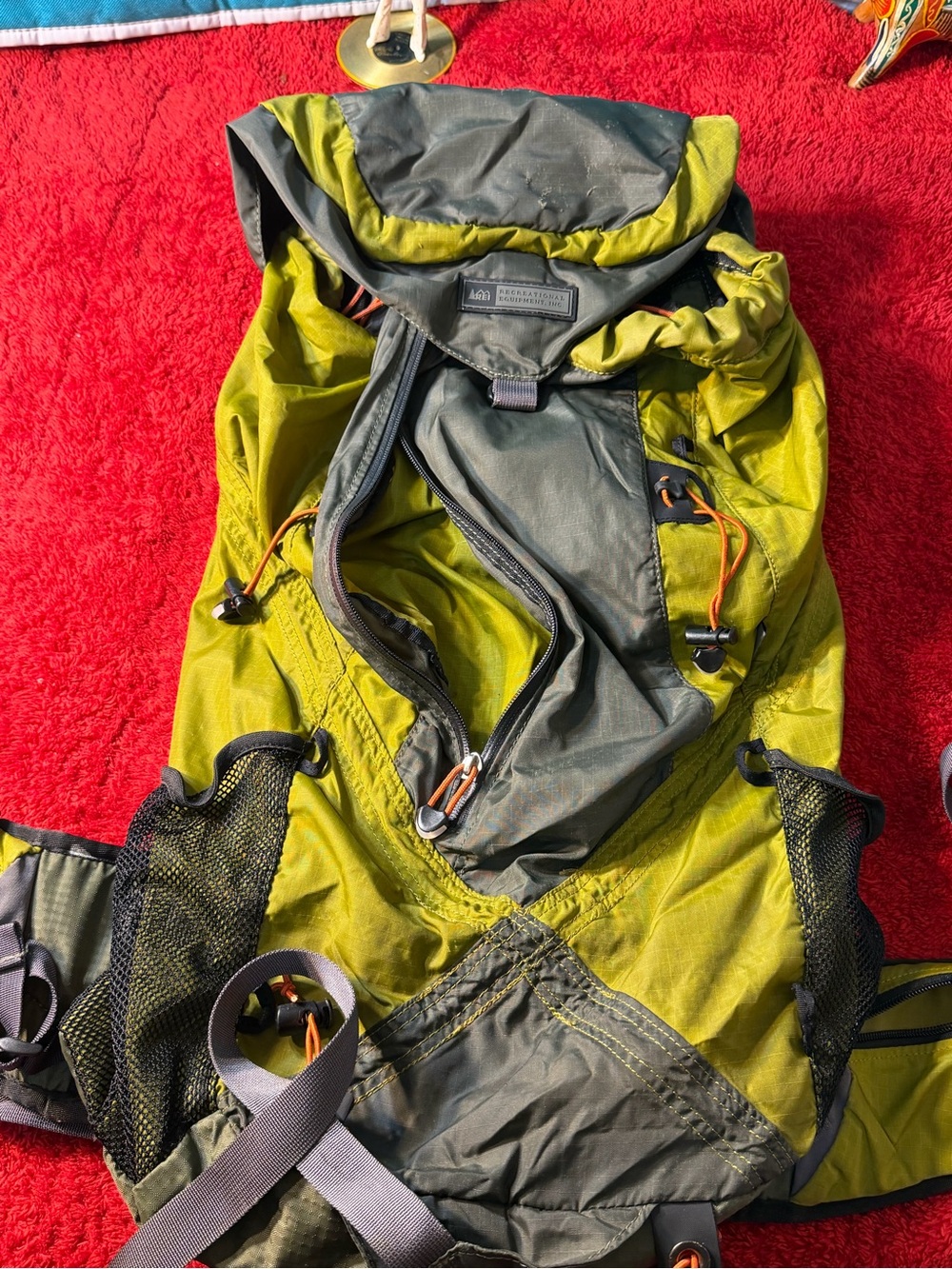 REI Olive Green Men's Hiking Backpack with Orange Accents